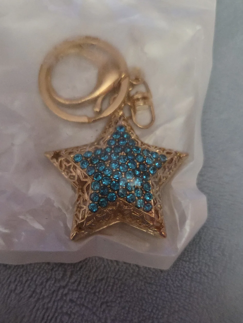 Keychain Gold Star Crystal with Blue Rhinestones NWOT
